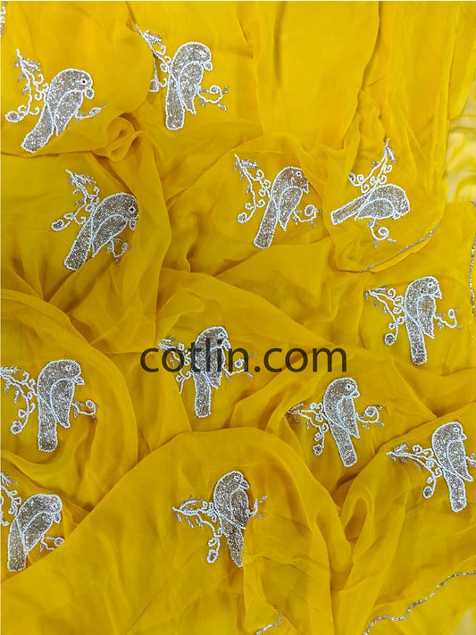 Beautiful Pure Jaipuri Chiffon 13 big Bird motif work Saree with blouse