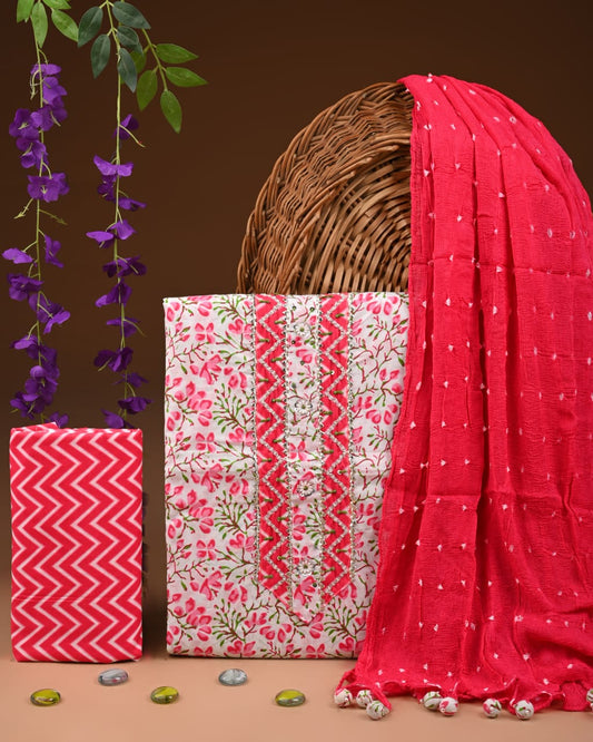 Designer gota patti hand work cotton  unstitched suit with chiffon   dupatta