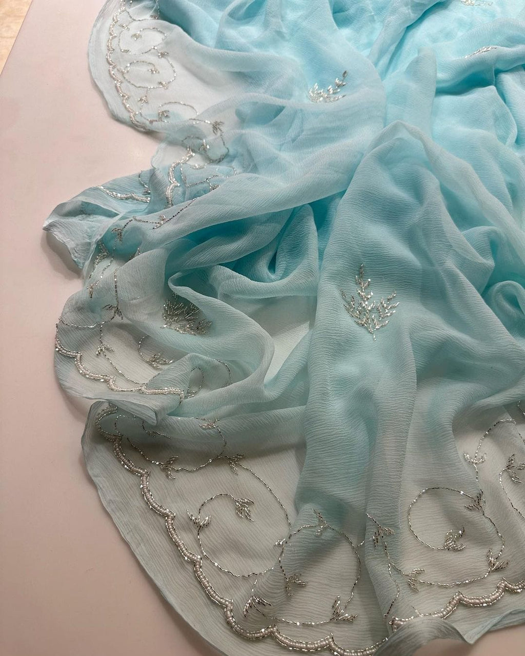 Pure Jaipuri Diamond Chiffon Elegance Hand Work Jaal Saree With Running Blouse