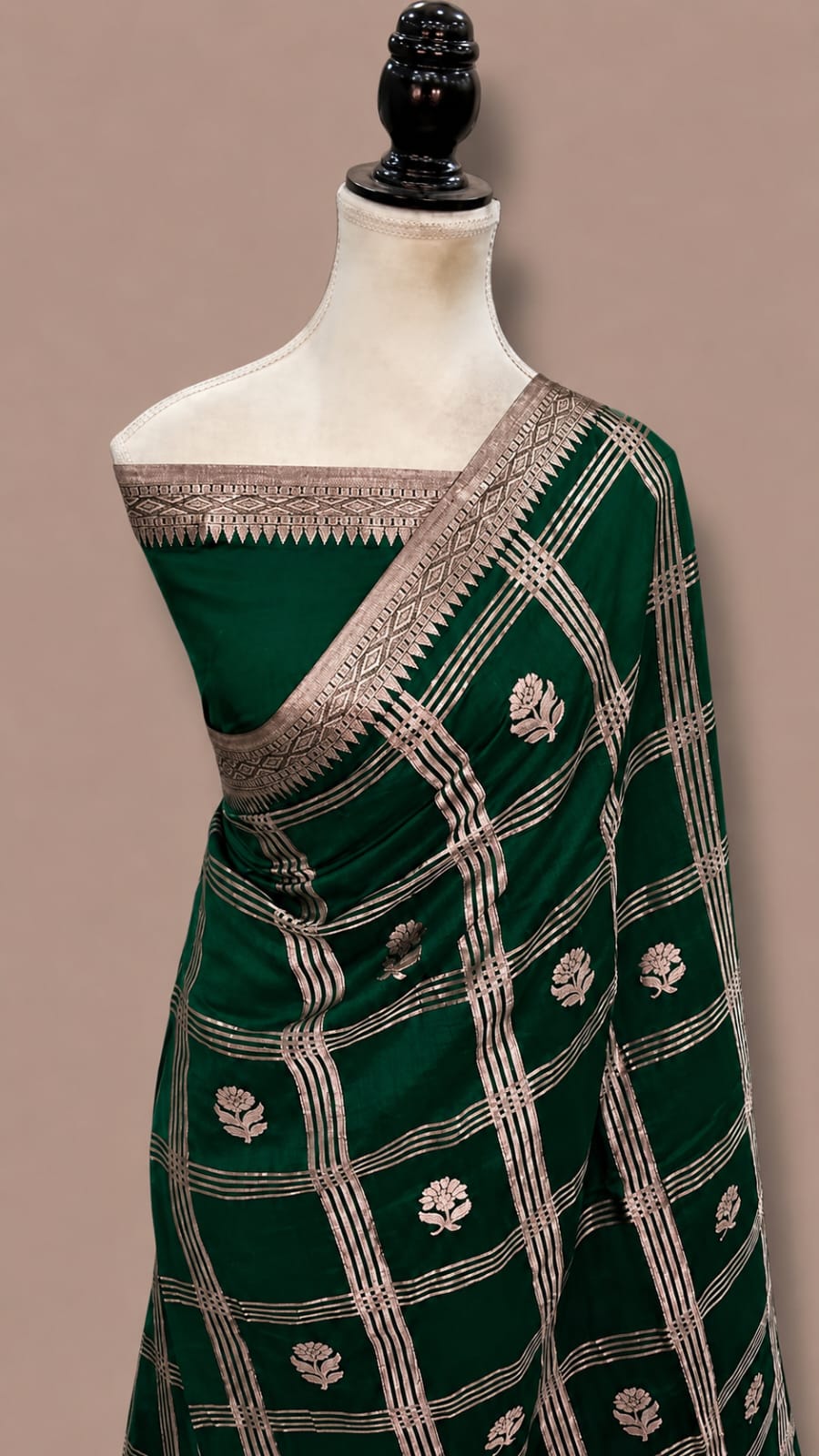 Mango Katan Banarasi Soft Silk Saree with Zari Check Weaving and Floral Boota Work