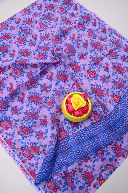 Pure Cotton Kota Doria Kalam Kari Floral Print Saree