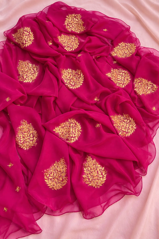 Beautiful Pure Jaipuri Chiffon 13 big Bird motif work Saree with blouse