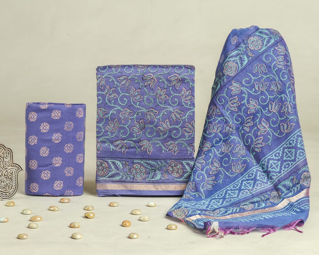 Hand Block Print Chanderi Silk Unstitched Suit