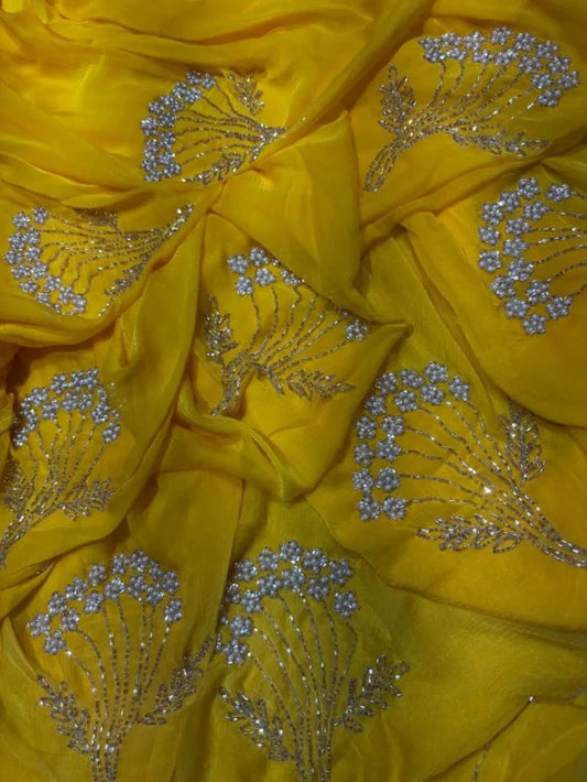 Yellow Diamond Chiffon Saree With  Blouse