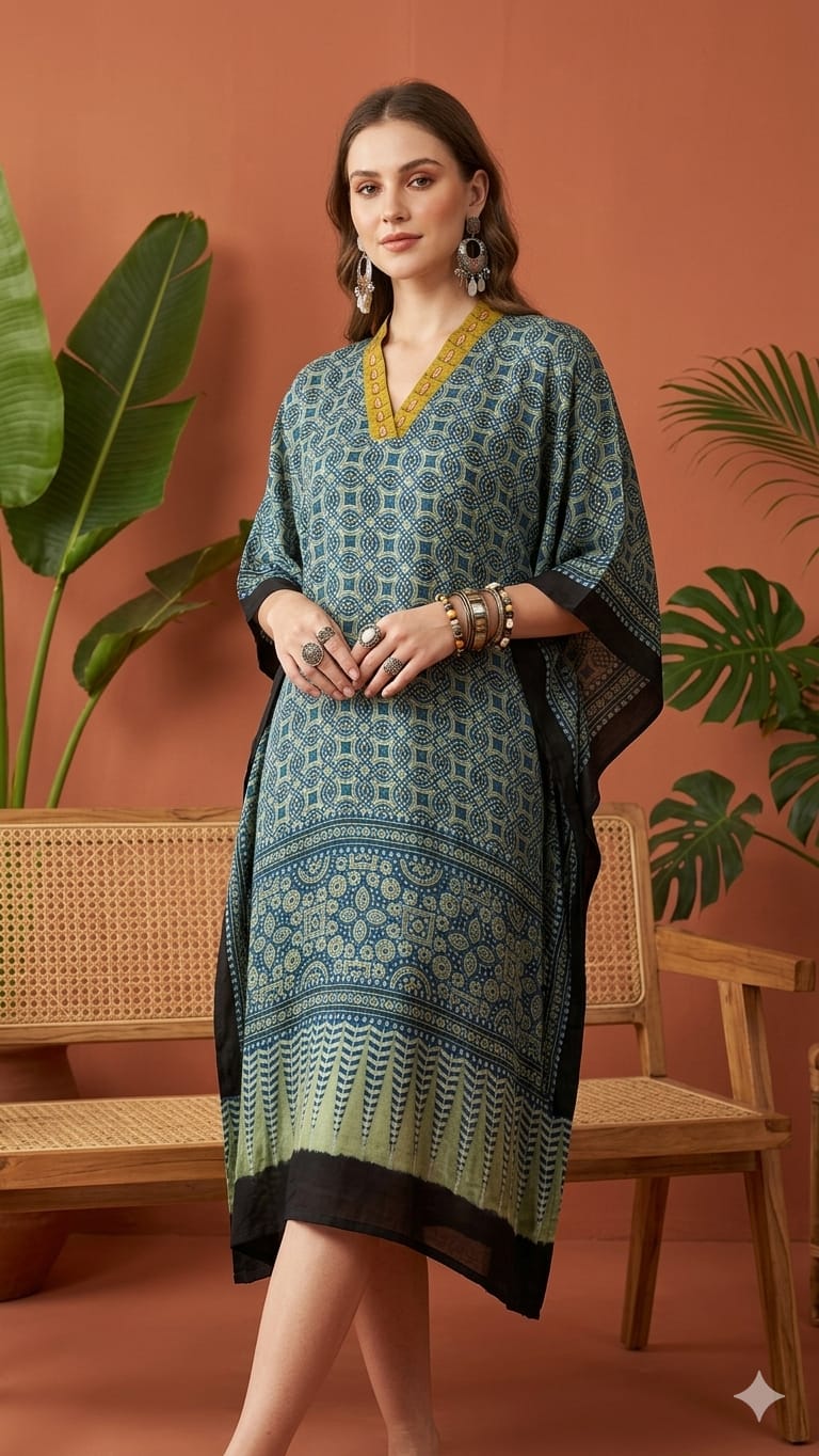 Pure Modal Silk Hand block Printed Kaftans Stitched suit With Hand Mirror Work
