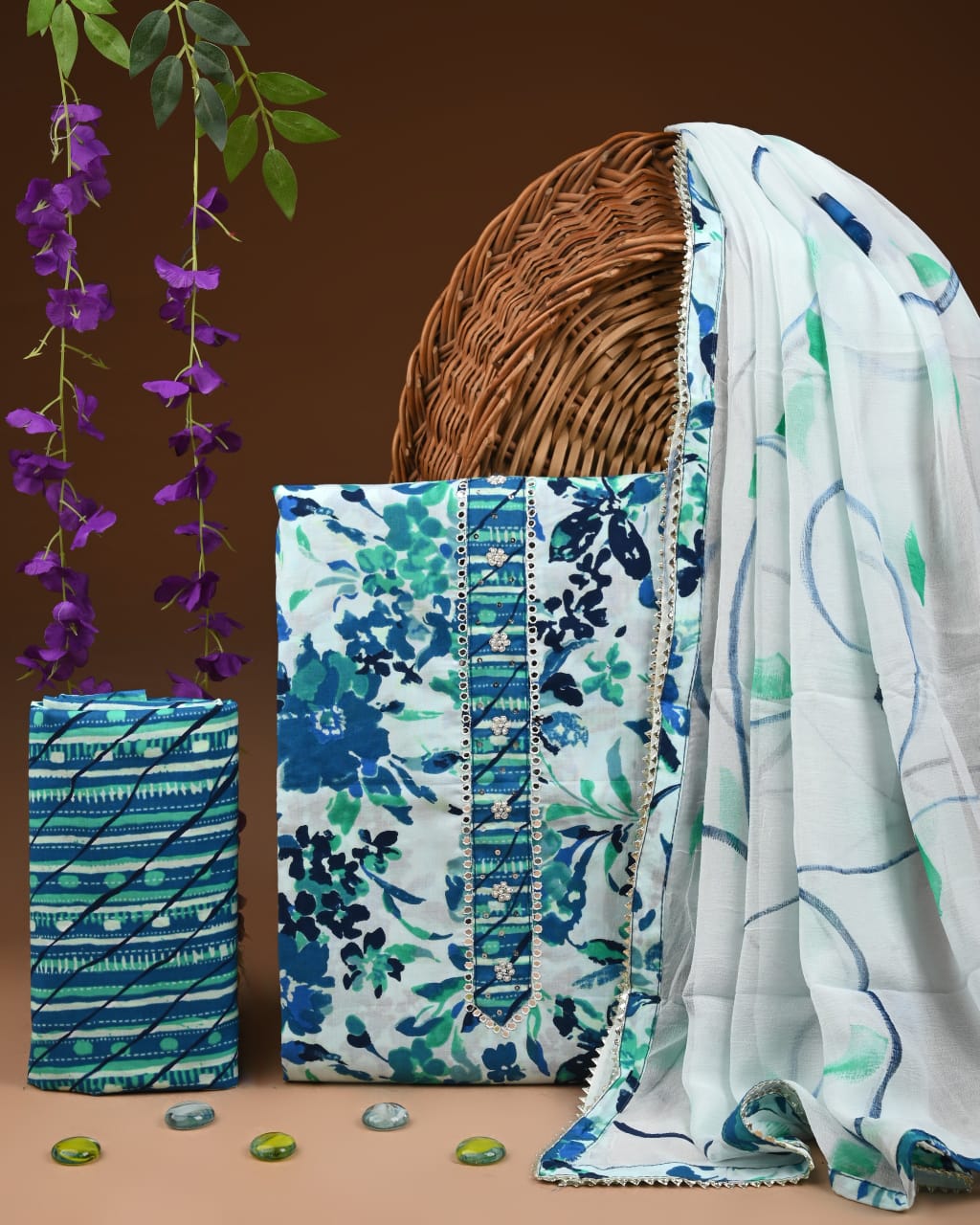 Designer gota patti hand work cotton  unstitched suit with chiffon   dupatta