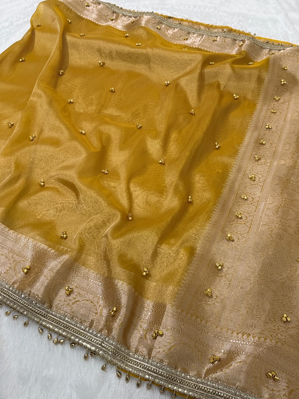 Premium Banarasi Tissue Zari Weaving Saree with Ghungroo Handwork Border