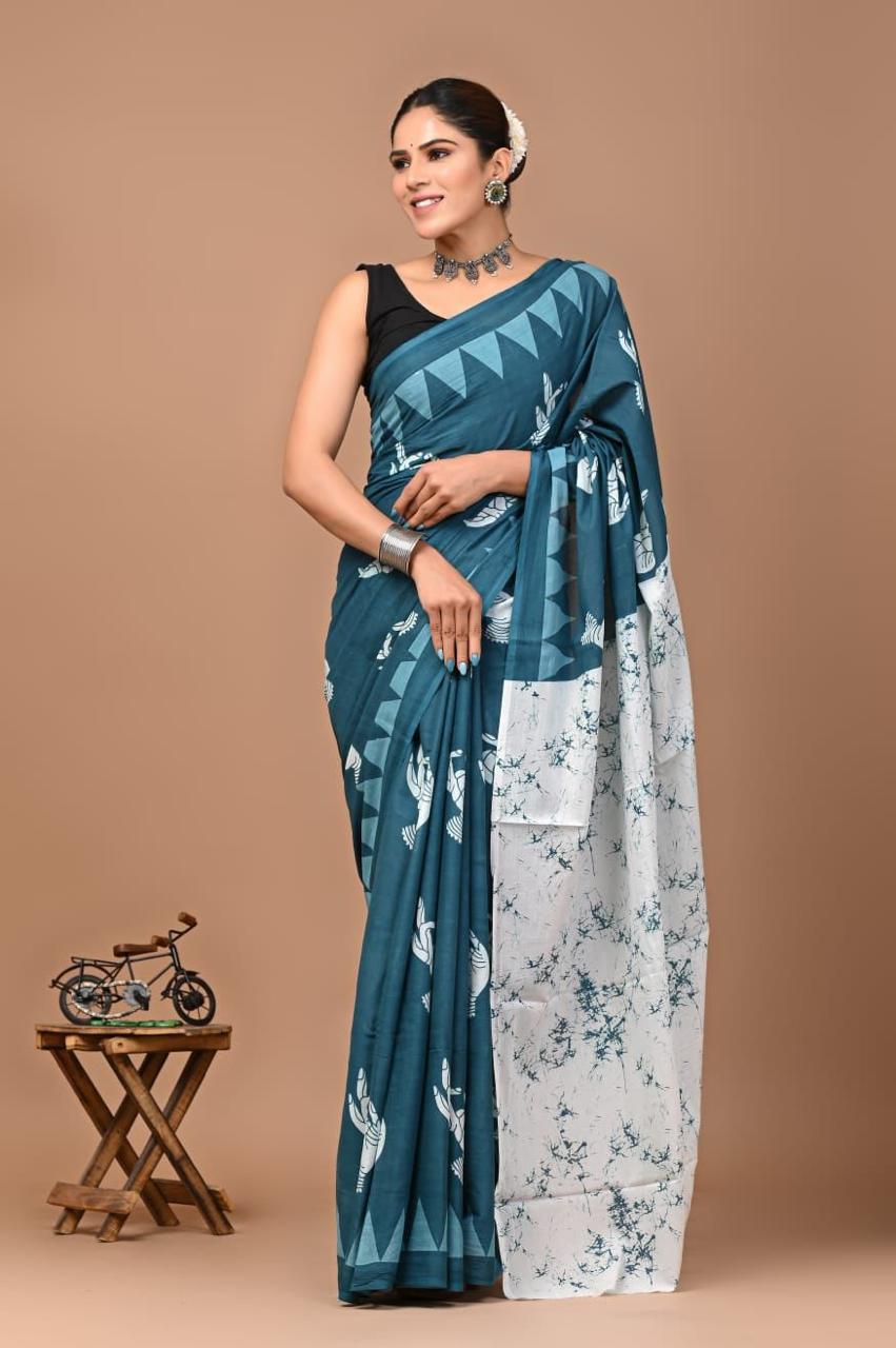 Pure Mulmul Cotton hand block Print Saree with Blouse