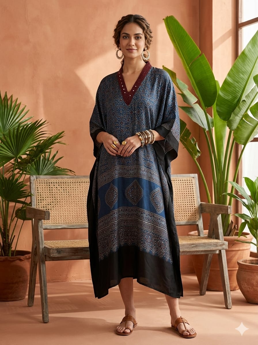 Pure Modal Silk Hand block Printed Kaftans Stitched suit With Hand Mirror Work