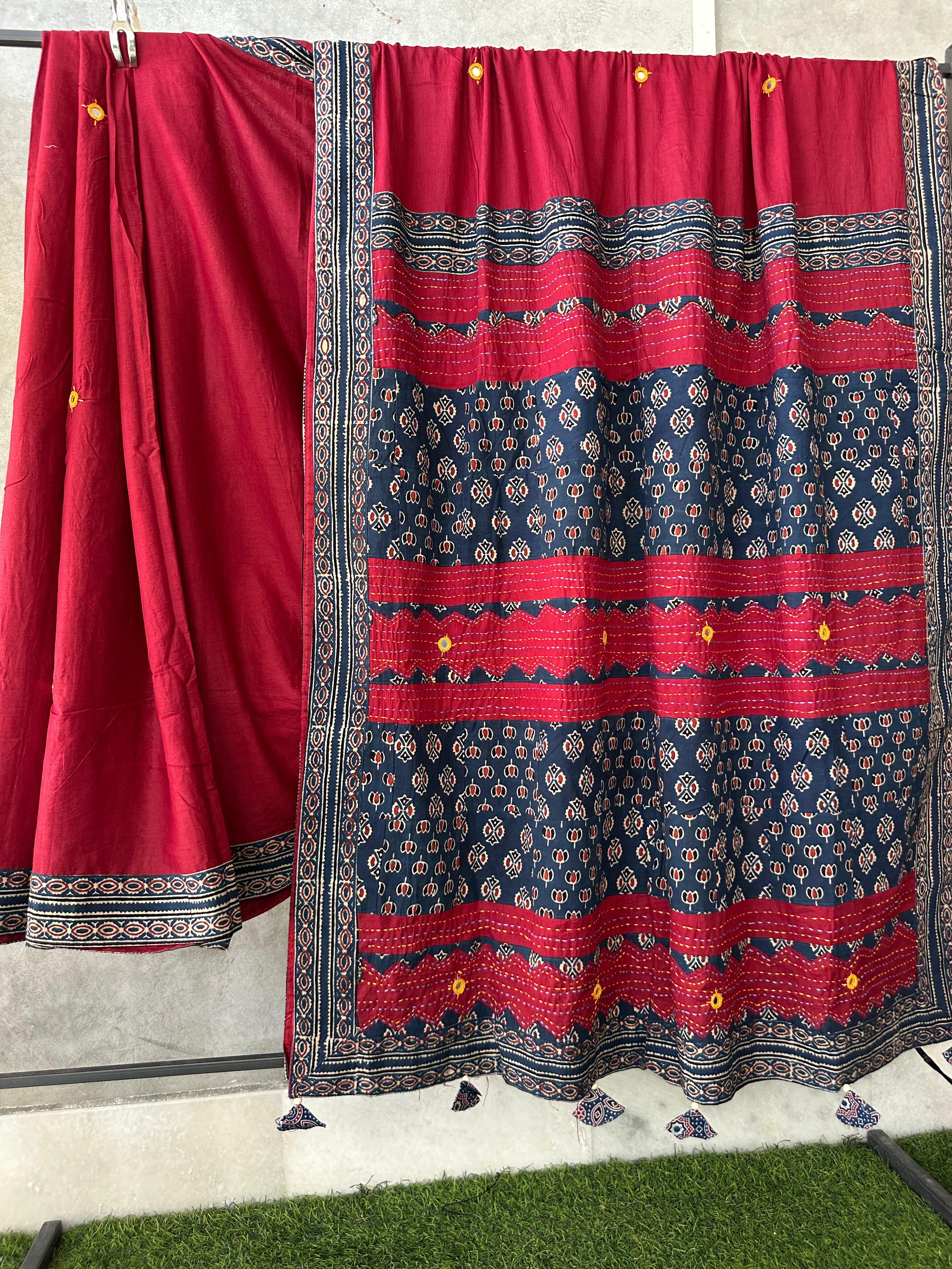 Pure Mul Cotton Saree With Ajrakh Mirror Work