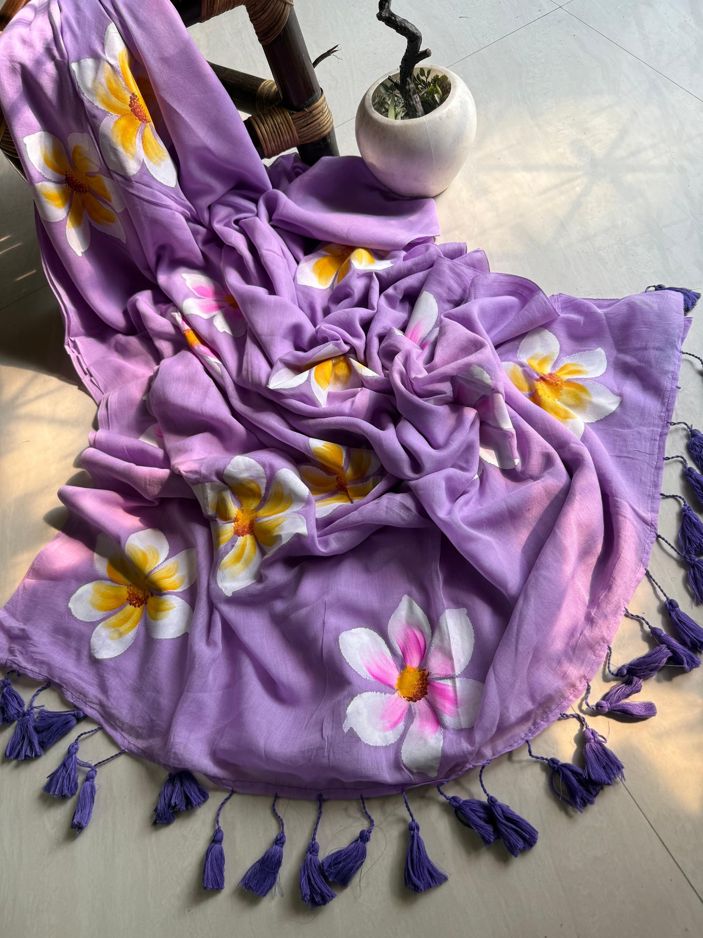 Beautiful Mulmul   Cotton Flowers design Hand Painted Saree