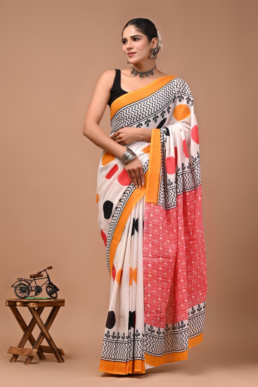 Pure Mulmul Cotton hand block Print Saree with Blouse