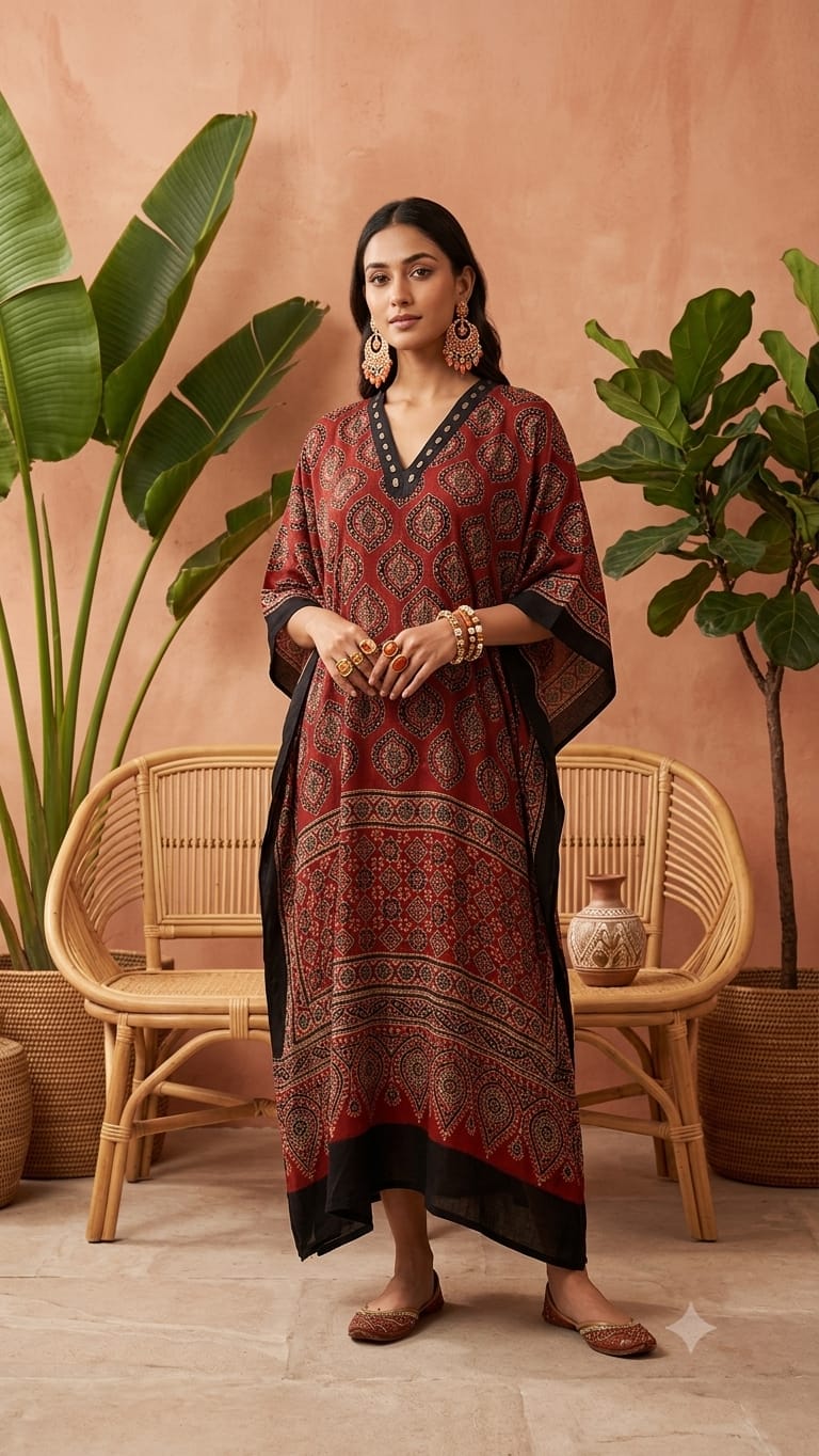 Pure Modal Silk Handblock Printed Kaftans Stitched suit With Hand Mirror Work