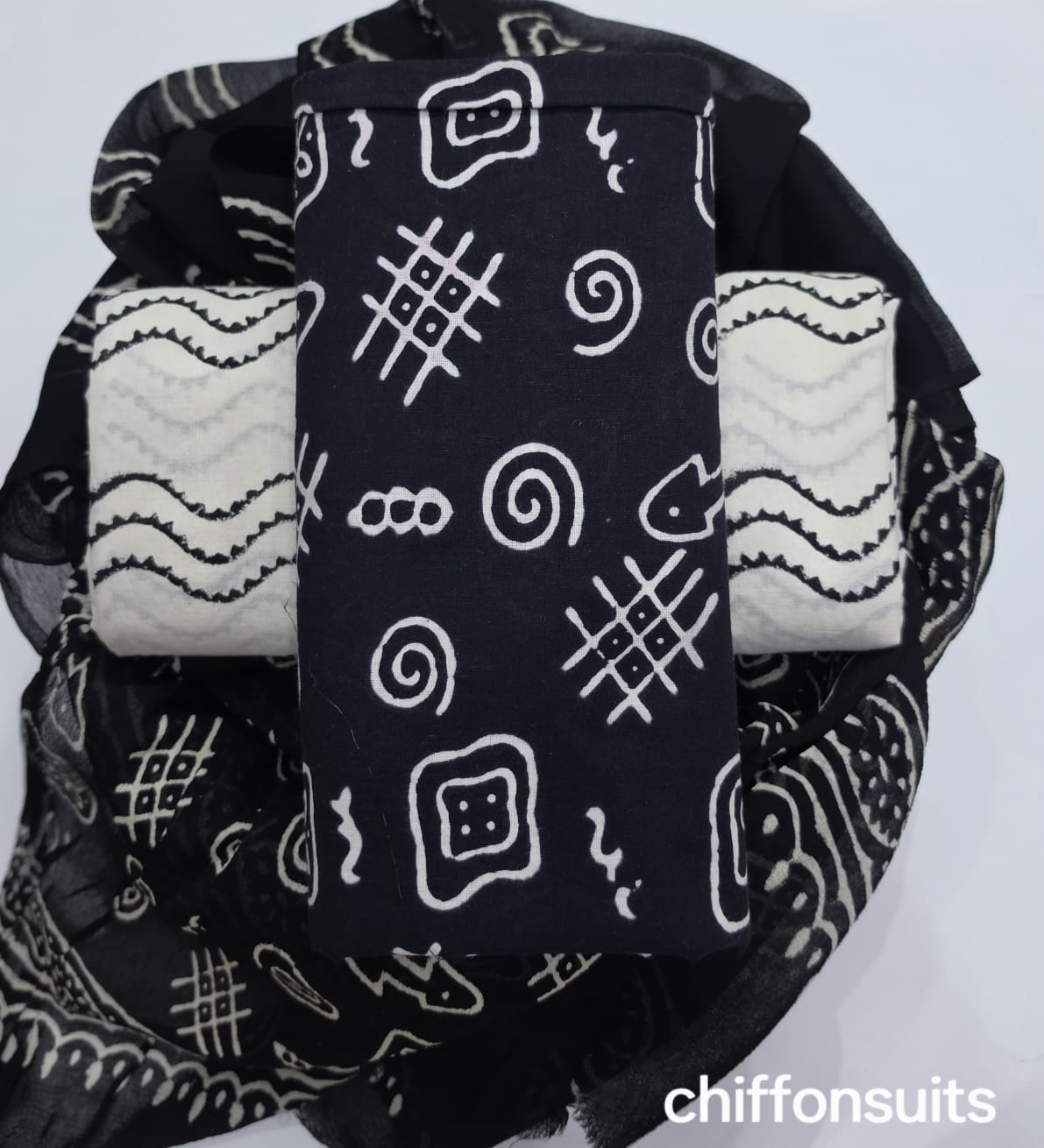 Pure cotton hand-block print suit with Chiffon dupatta