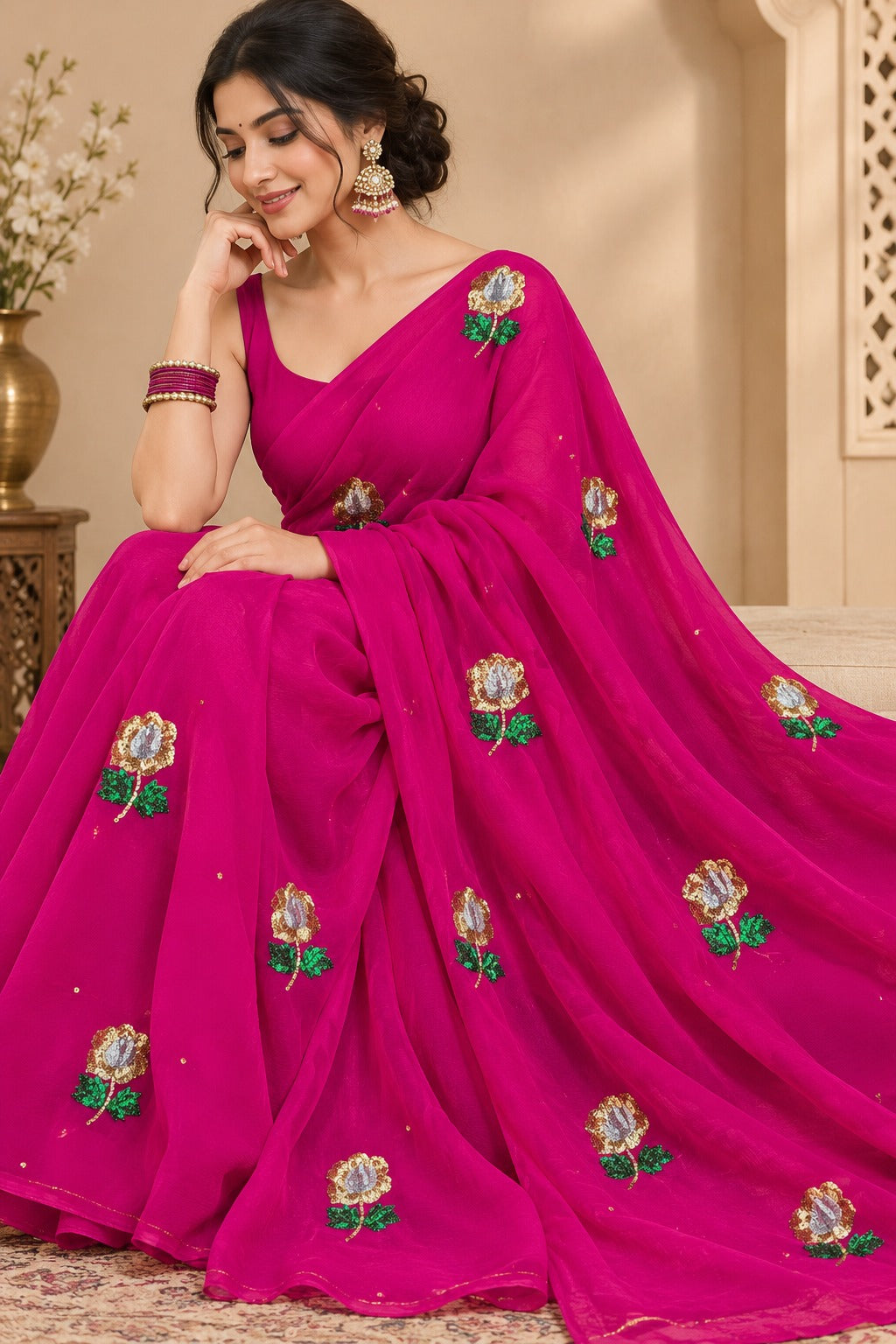 Pure Chiffon Jaipuri Beautiful motif  Work Saree