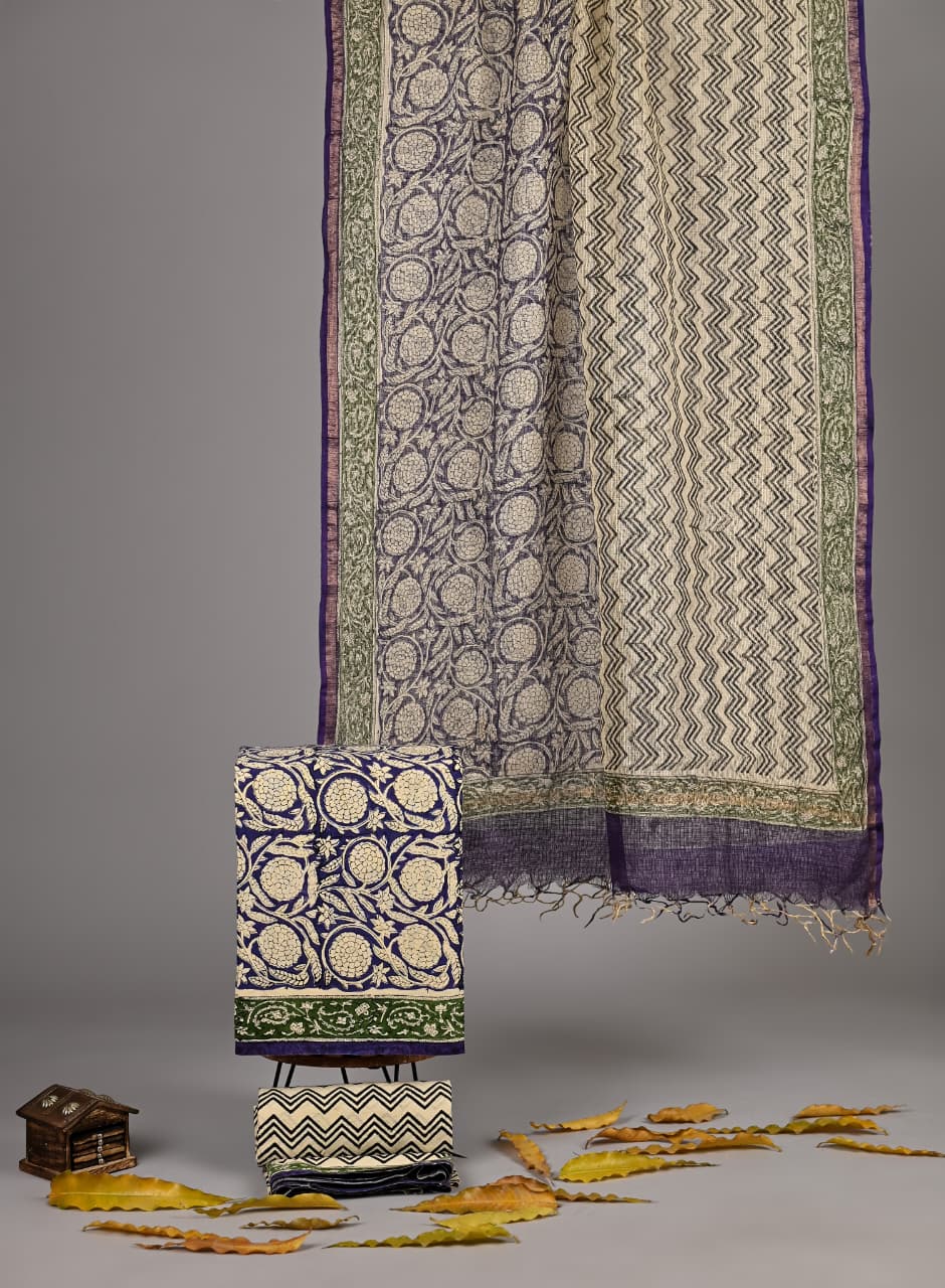 Pure Cotton Hand Block Print Suit With Kota Doriya Dupatta