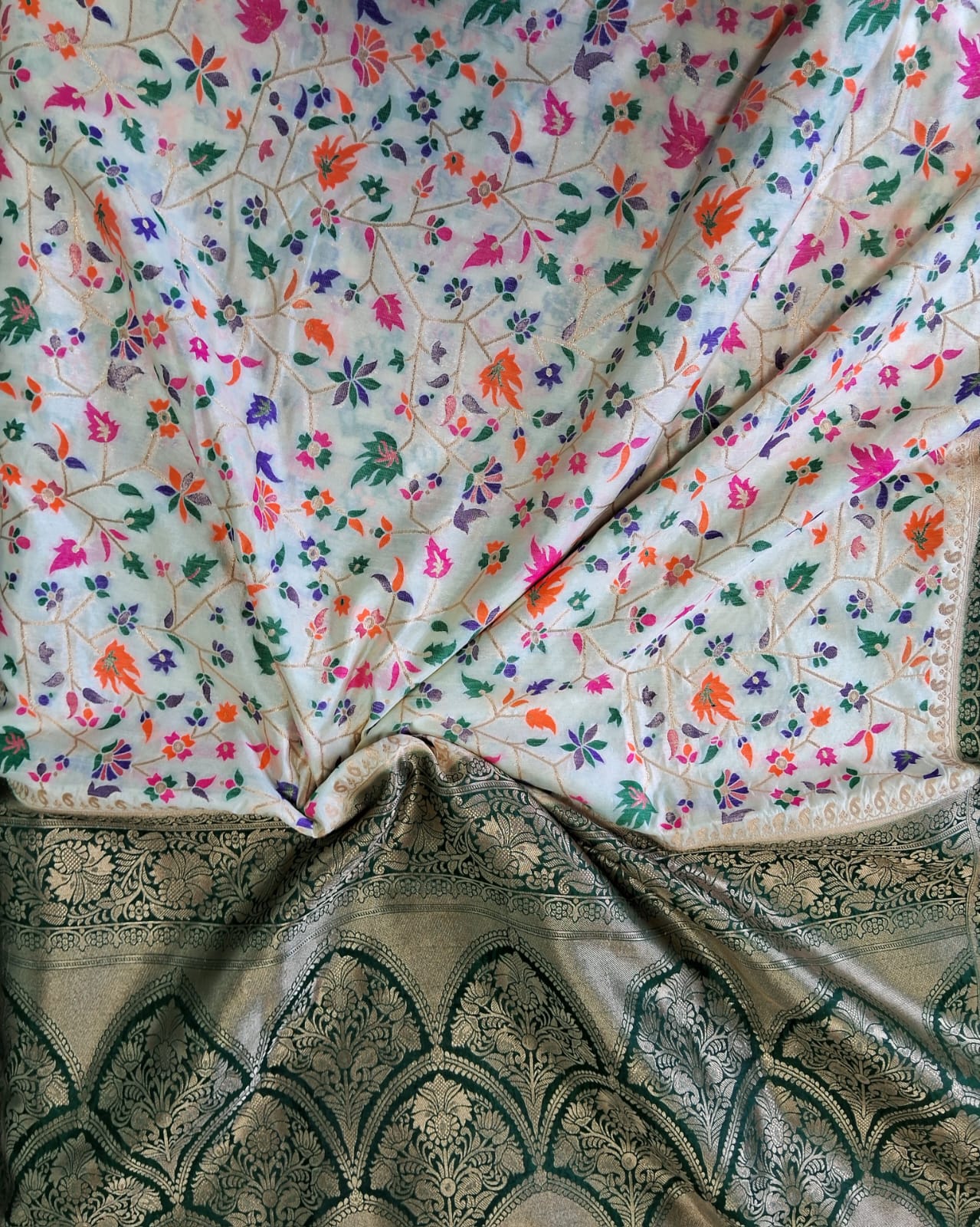 White color Banarasi Handloom Silk Multi Meena Zari Work Saree