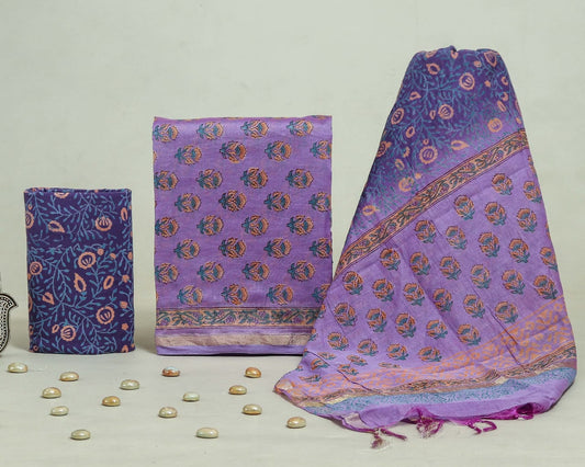Hand Block Print Chanderi Silk Unstitched Suit