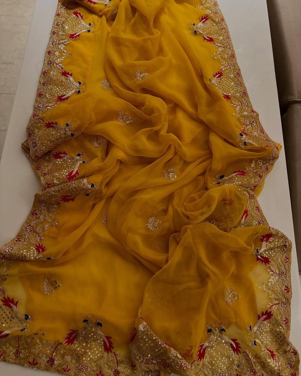 Pure Jaipuri Chiffon Jaal Work Saree With Beautiful Rajputi look and Running Blouse