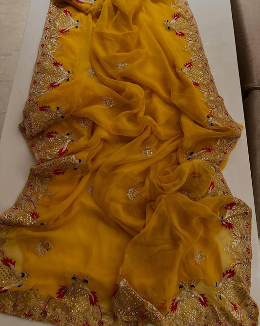 Pure Jaipuri Chiffon Jaal Work Saree With Beautiful Rajputi look and Running Blouse