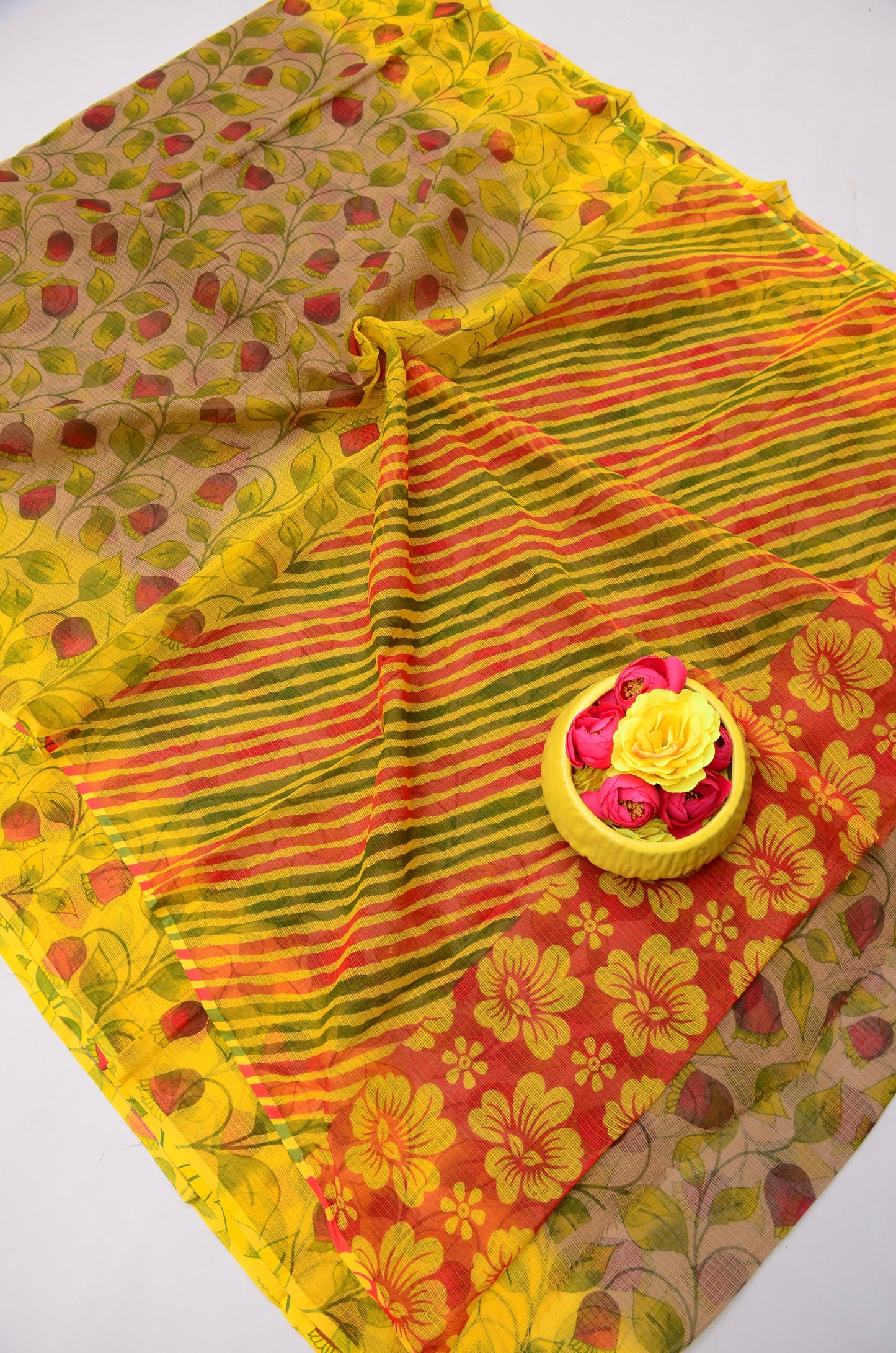 Pure Cotton Kota Doria Kalam Kari Floral Print Sarees