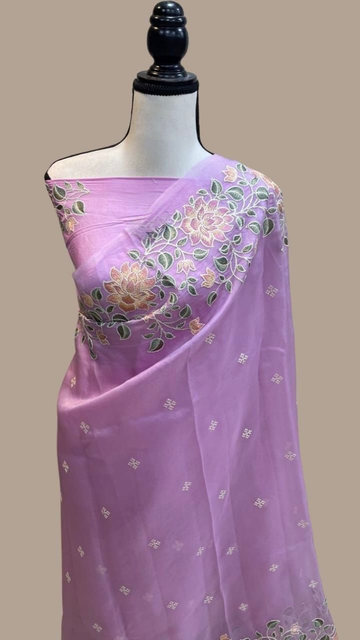 Banarasi Soft Kora Organza Embroidery  Work Saree