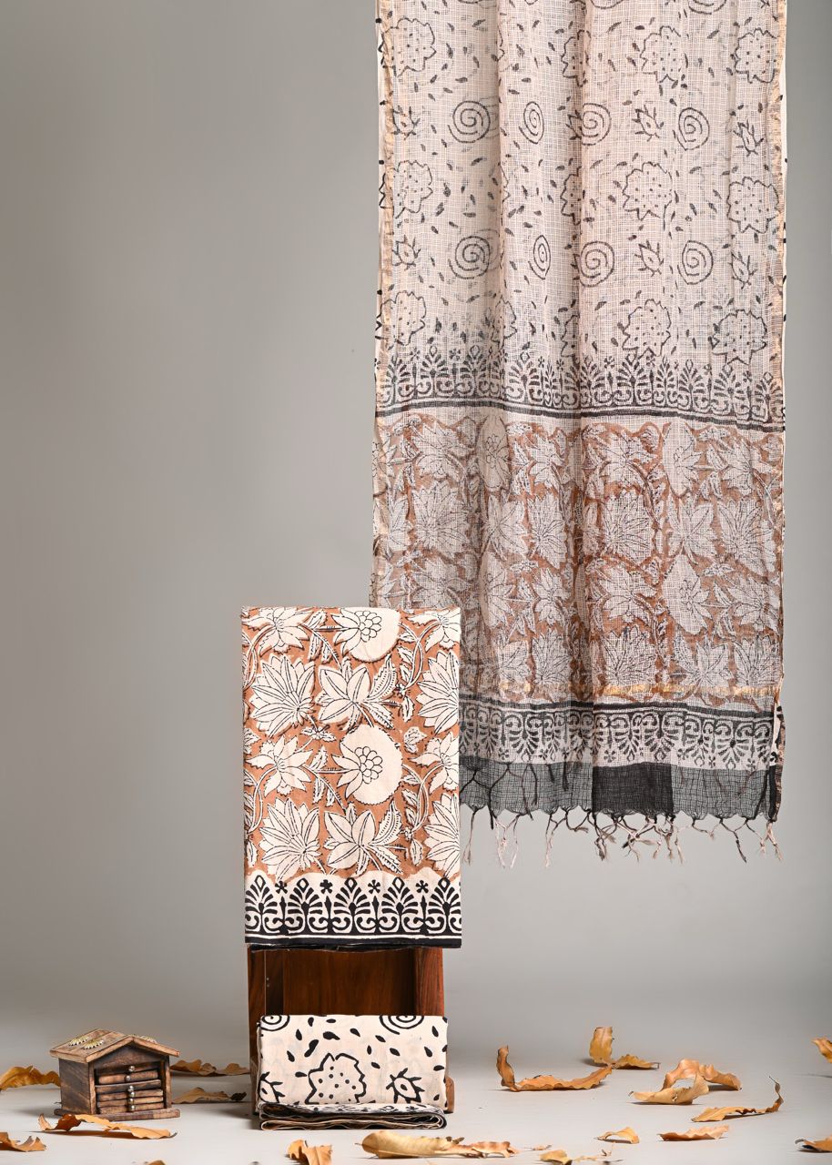 Pure Cotton Hand Block Print Suit With Kota Doriya Dupatta