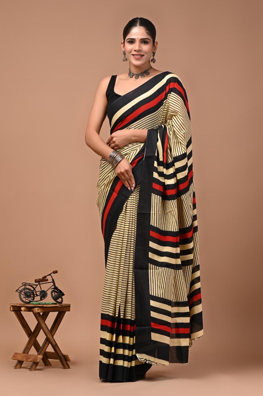 Pure Mulmul Cotton hand block Print Saree with Blouse
