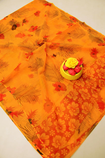 Pure Cotton Kota Doria Kalam Kari Floral Print Sarees