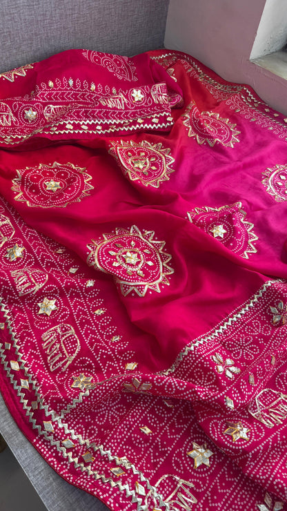 Pure Munga Silk Gotta Patti Work Saree With Blouse
