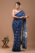 Pure Mulmul Cotton hand block Print Saree with Blouse