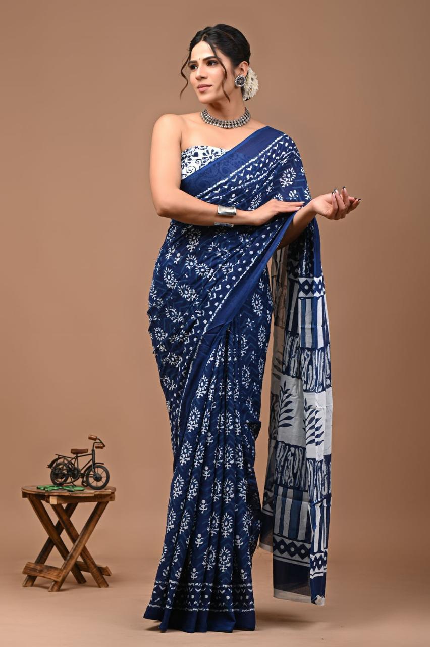 Pure Mulmul Cotton hand block Print Saree with Blouse