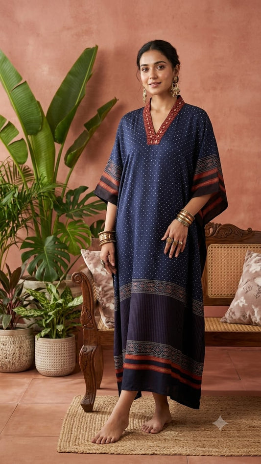 Pure Modal Silk Handblock Printed Kaftans Stitched suit With Hand Mirror Work