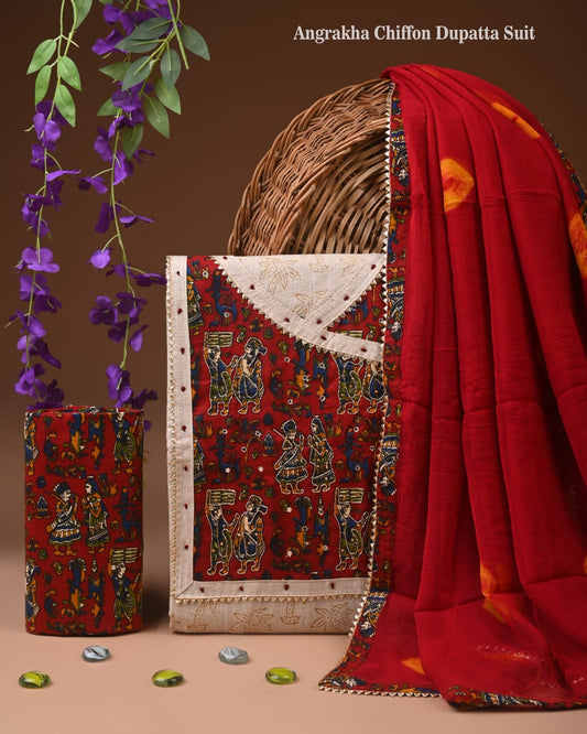 Designer gota patti hand work cotton  unstitched suit with chiffon   dupatta