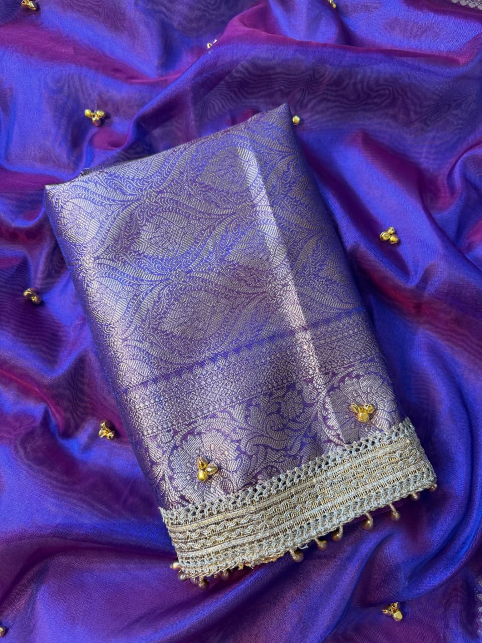 Premium Banarasi Tissue Zari Weaving Saree with Ghungroo Handwork Border