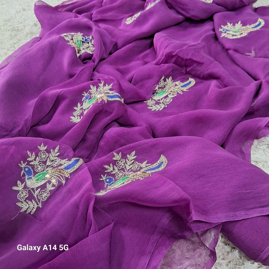 Beautiful Pure Jaipuri Chiffon 13 big Bird motif work Saree with blouse