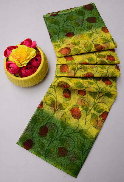Pure Cotton Kota Doria Kalam Kari Floral Print Sarees