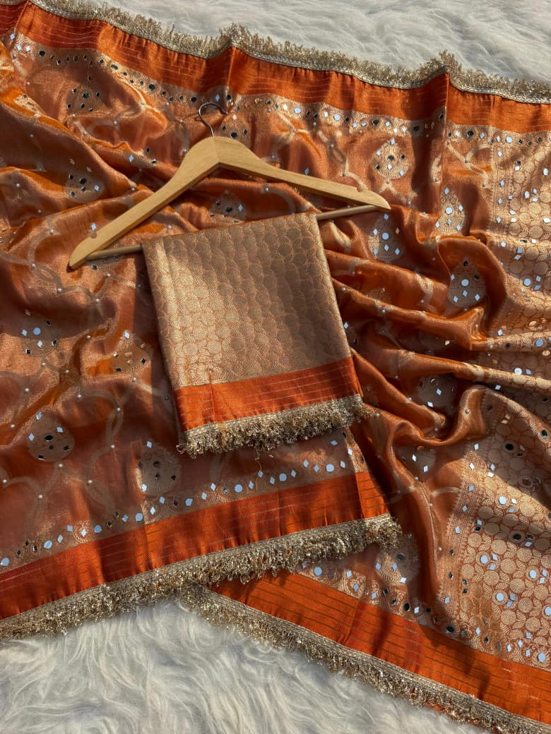 Elegant Tissue Mirror Work Saree with Designer Lace Border