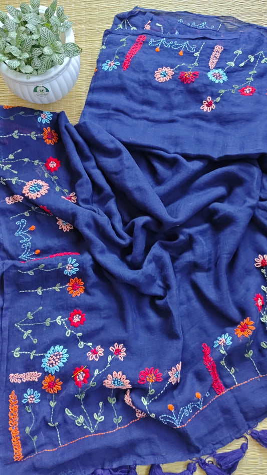Beautiful Hand Stitch Pure Mul Cotton Saree Without blouse