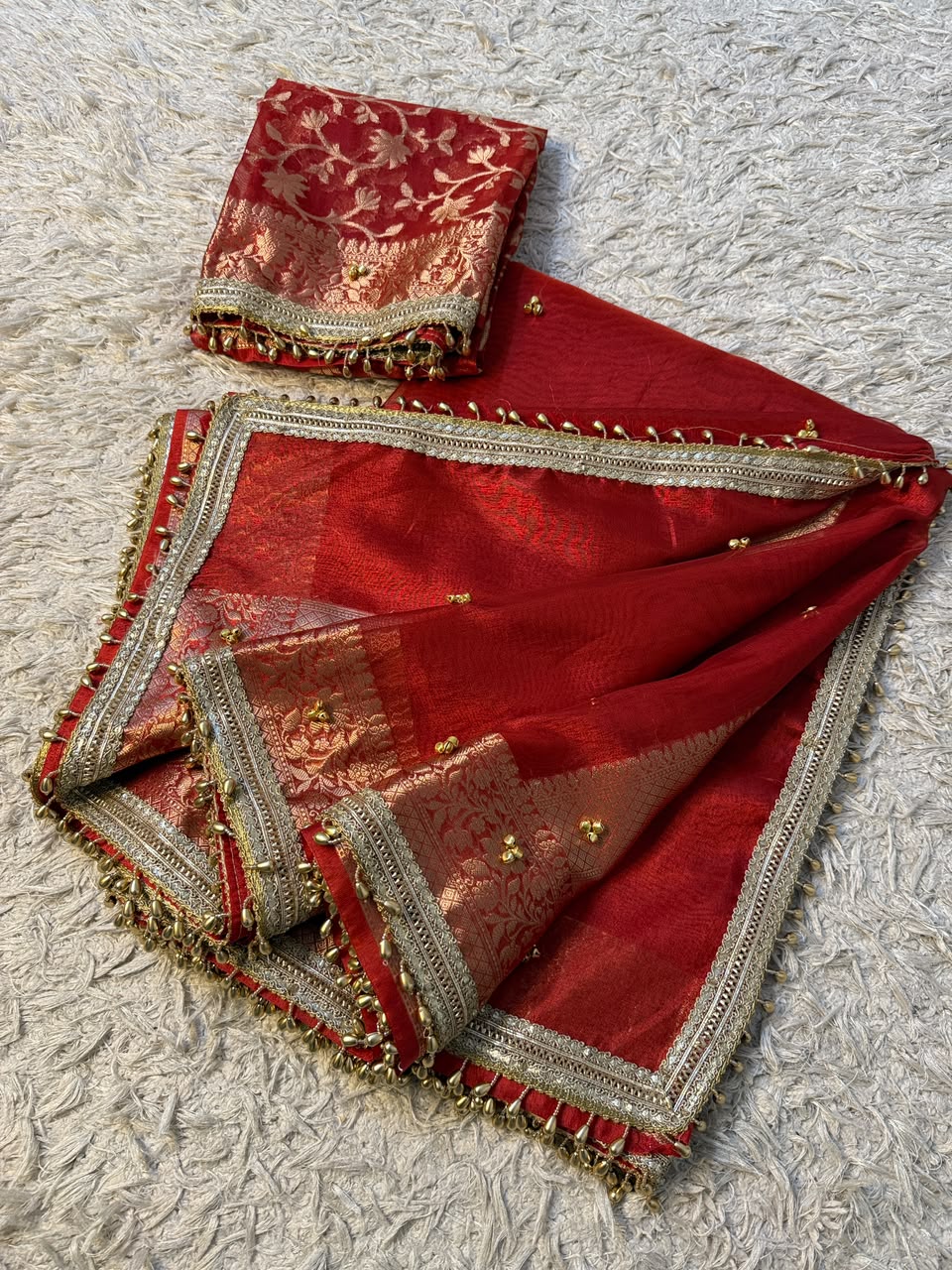 Premium Banarasi Tissue Zari Weaving Saree with Ghungroo Handwork Border