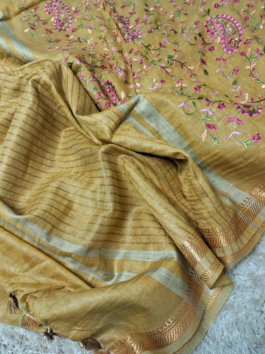 Pure Kota Linen Silk Hand Embroidery Work Saree With Blouse.