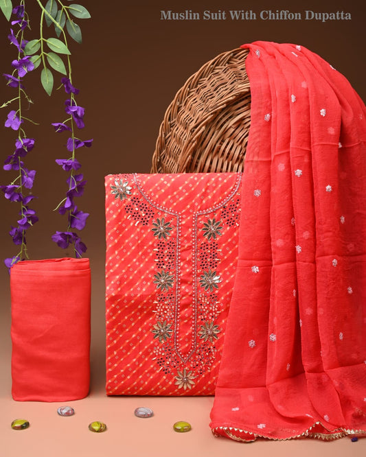 Designer gota patti hand work cotton  unstitched suit with chiffon   dupatta