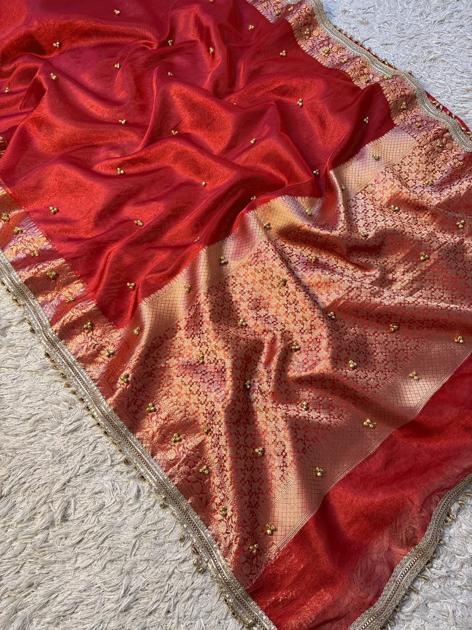 Premium Banarasi Tissue Zari Weaving Saree with Ghungroo Handwork Border