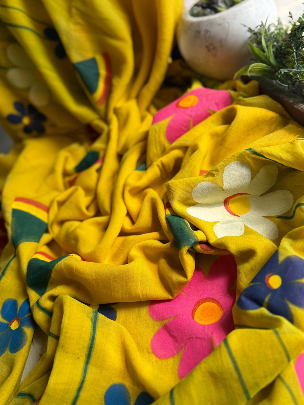 Beautiful Mulmul Cotton Flowers design Hand Painted Saree