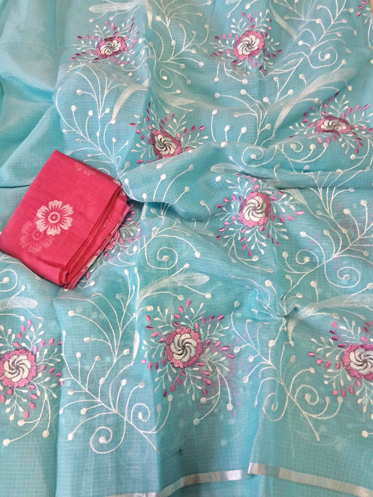 Pure Cotton Kota Doriya Embroidery work Saree With Blouse