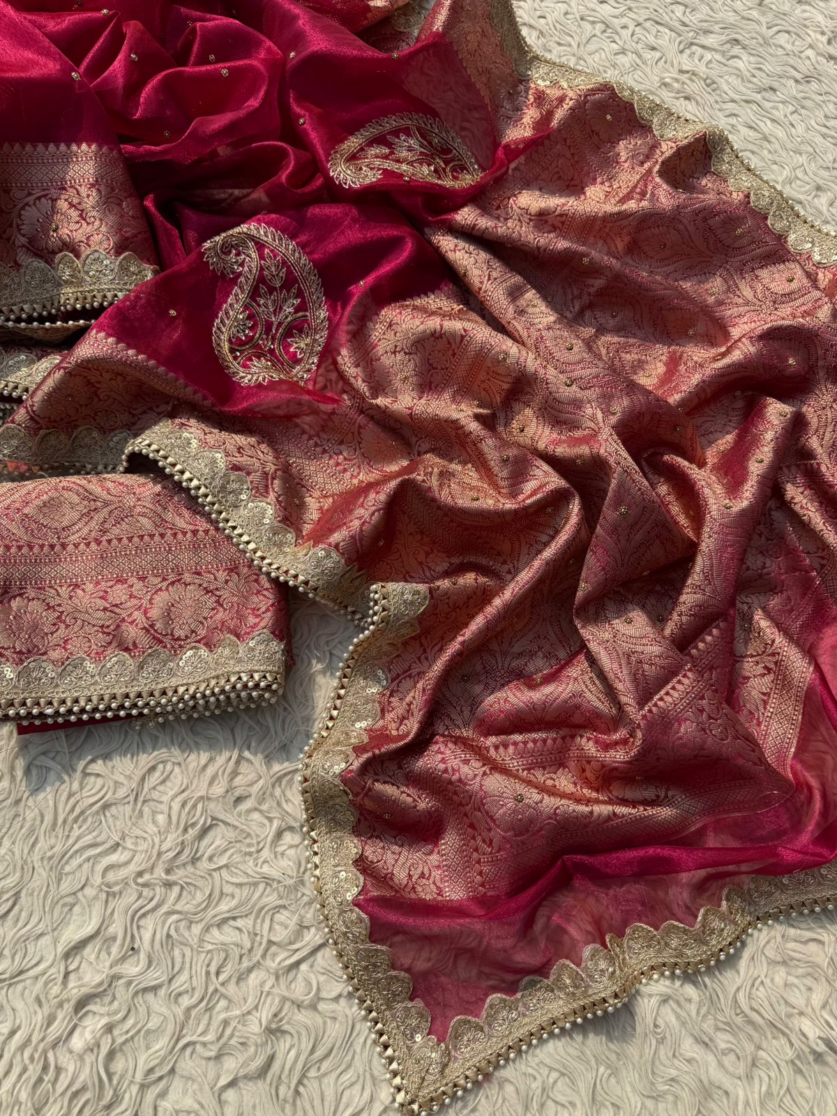 Banarasi Tissue Silk  Hand Work Saree With Heavy Blouse