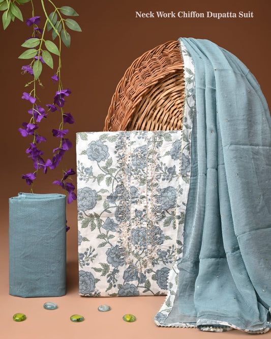 Designer gota patti hand work cotton  unstitched suit with chiffon   dupatta