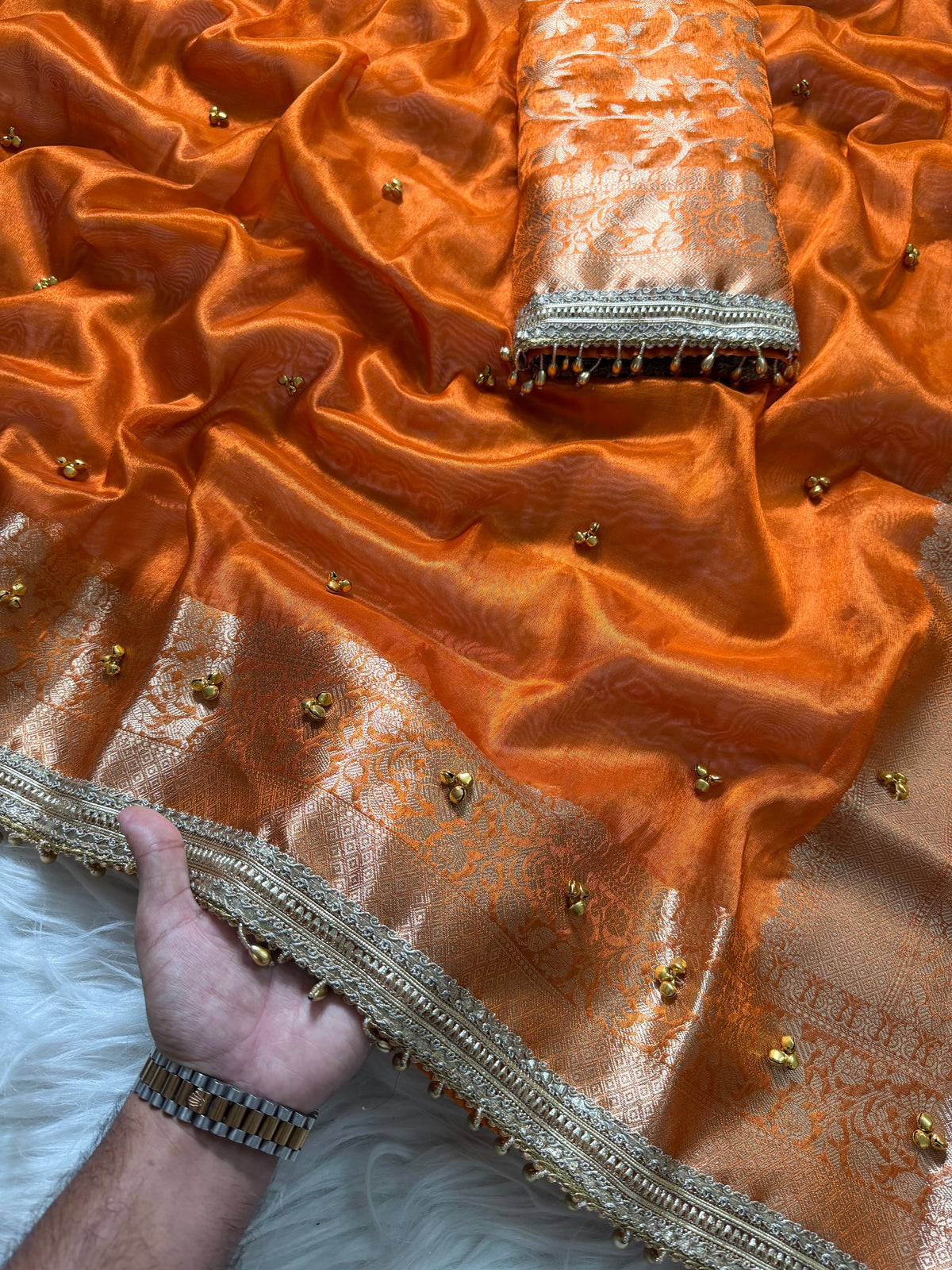 Premium Banarasi Tissue Zari Weaving Saree with Ghungroo Handwork Border