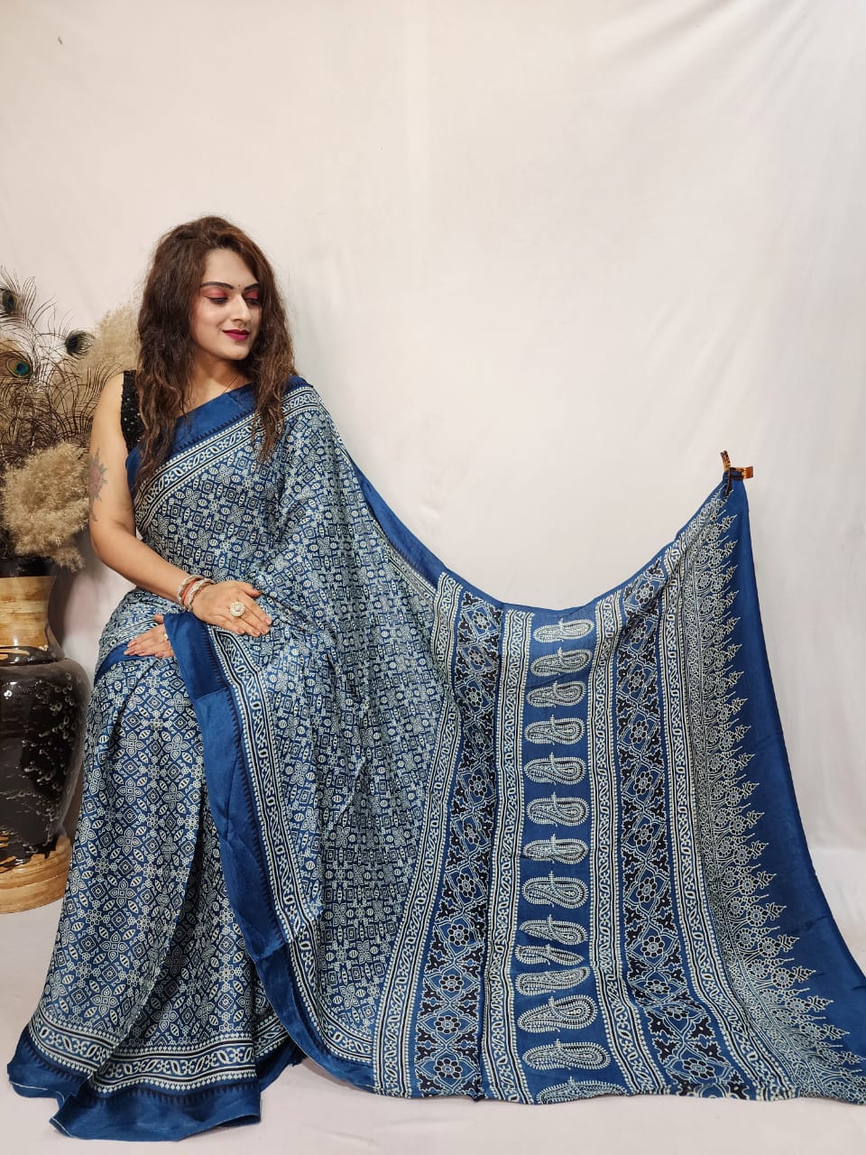 Pure Modal Silk Azrakh handblock saree with blouse piece