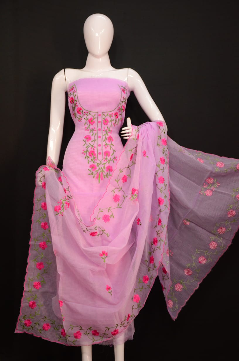 Pure Kota-Doria Unstitched Suit with Embroidery Work